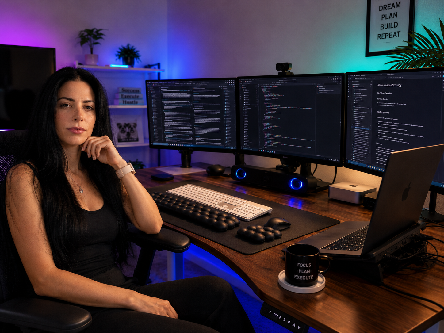 Ana in an AI marketing workspace with multiple monitors
